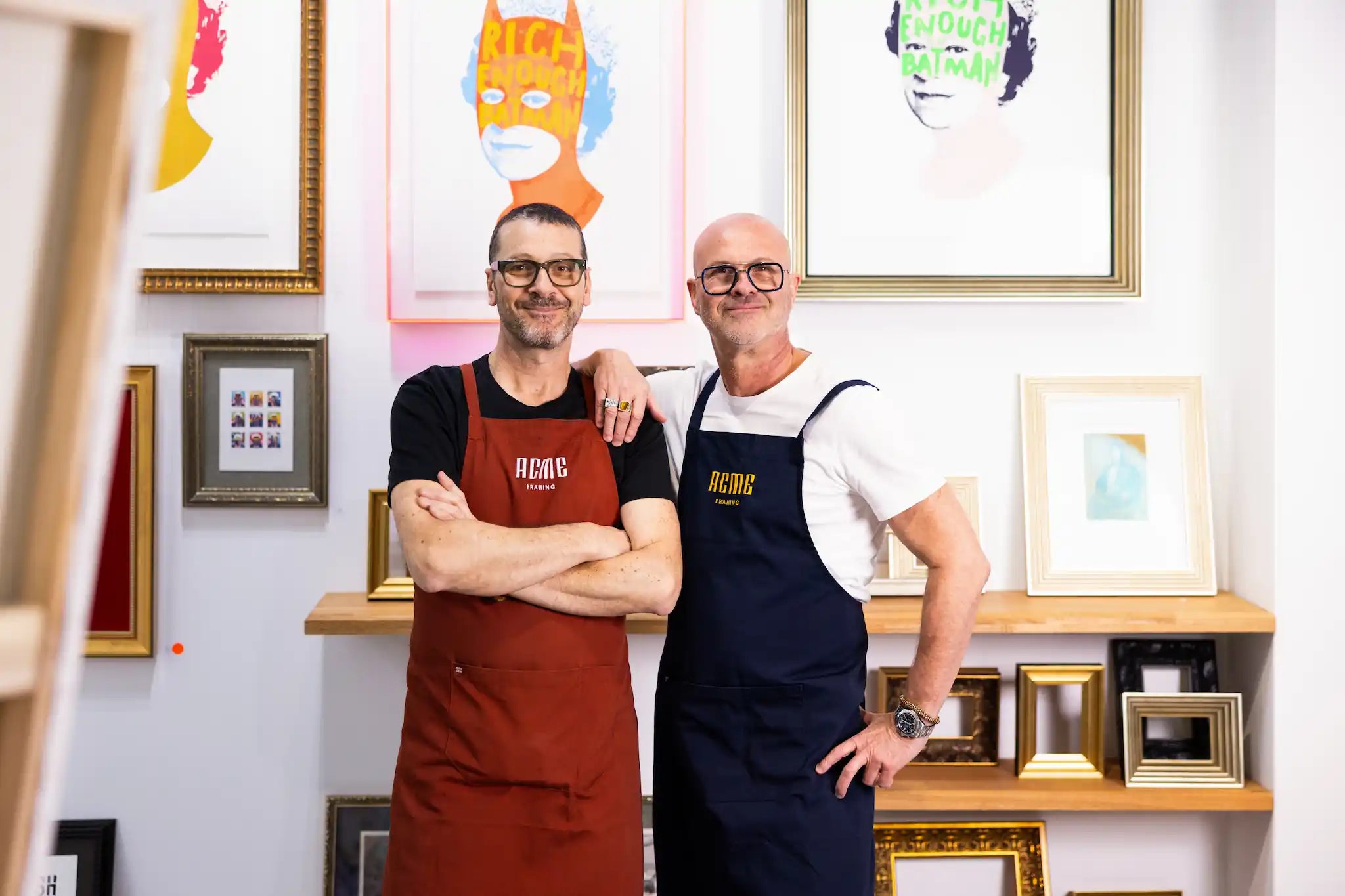 Portrait of ACME Framing owners Andrew Tsangarides and Emile Rastoll, whose vision is to create one-of-a-kind handcrafted frames that celebrate every artwork, every story and every client.