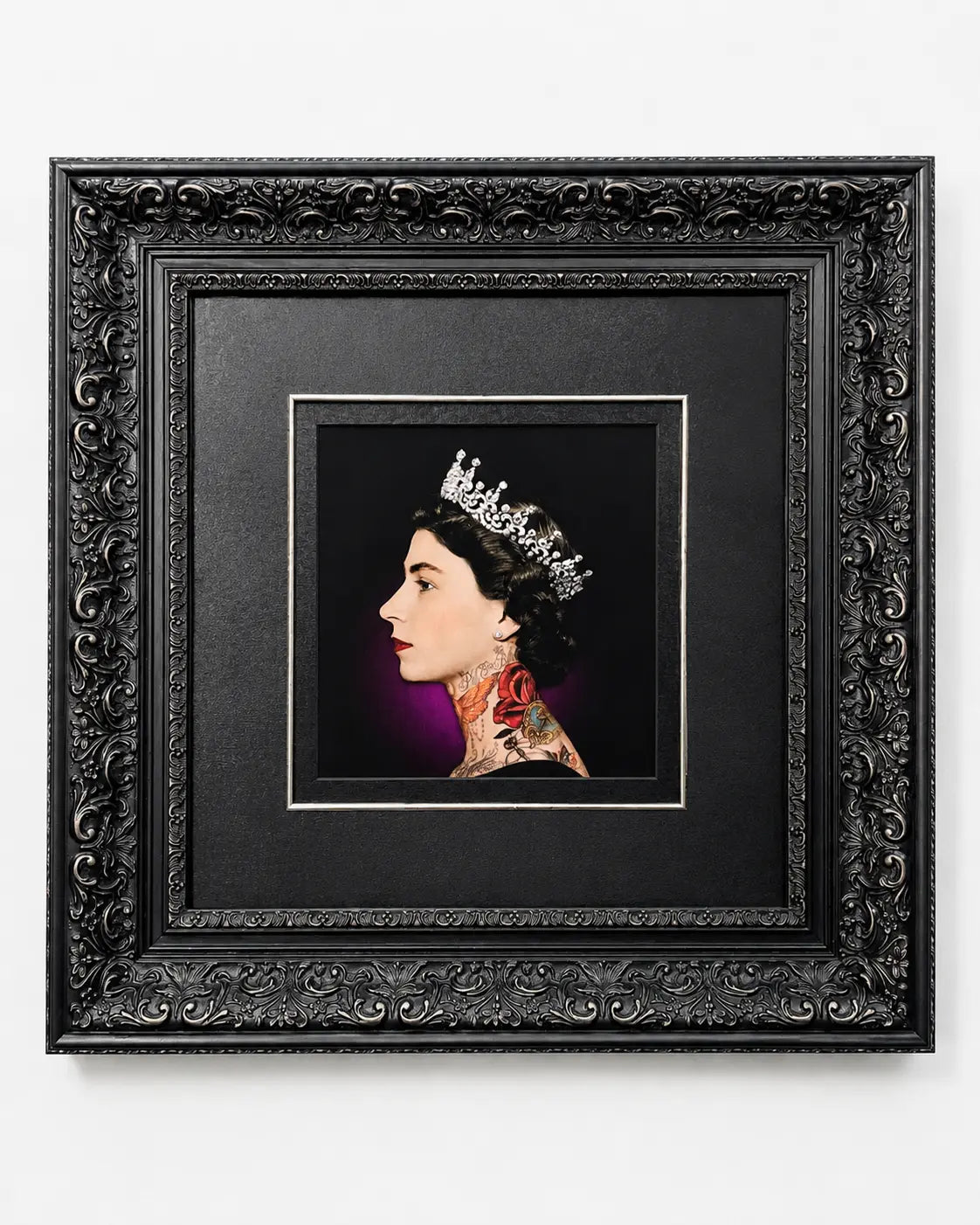 Handcrafted black and silver baroque picture frame with layered black matting, showcasing ACME Framing's custom picture framing service.