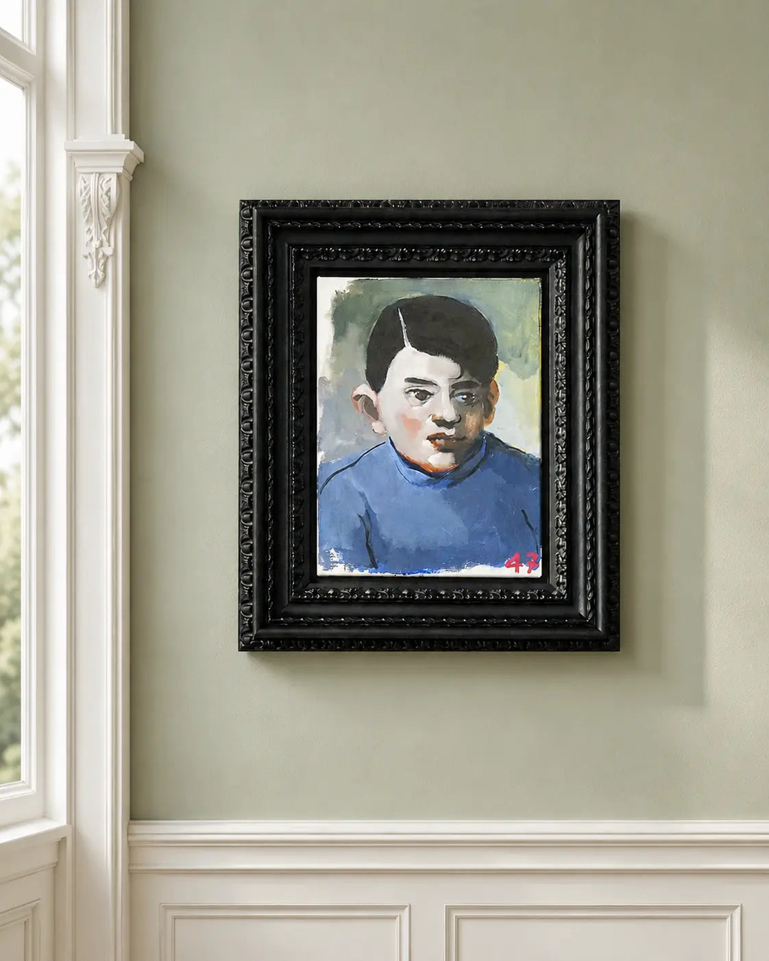 Handcrafted black gallery frame displaying contemporary Canvas artwork, professionally installed on a light green wall to showcase bespoke custom framing in Surry Hills.