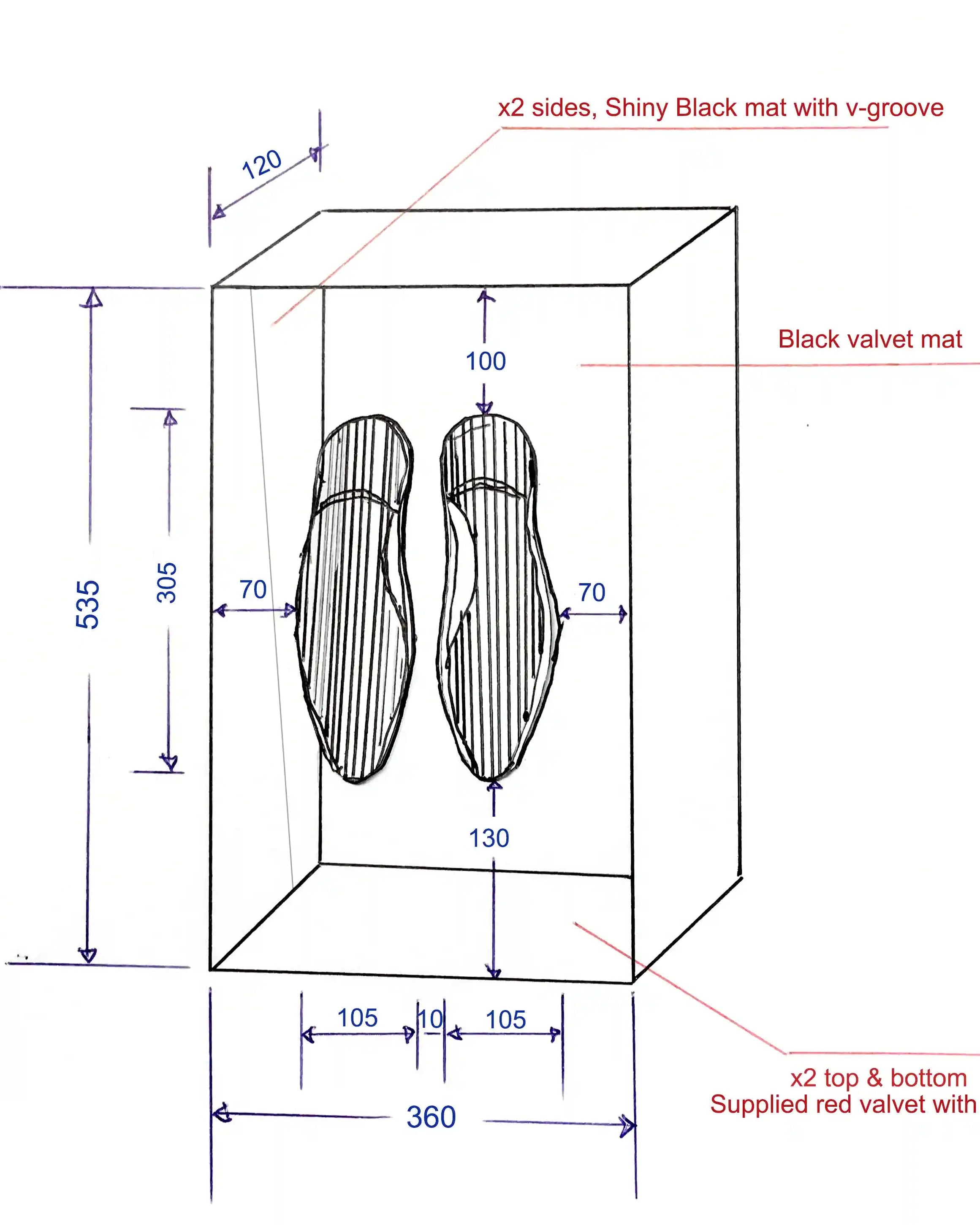 Technical design drawing showing dimensions, materials and construction details for a custom luxury retail display case with bespoke finishes and velvet-lined interior.