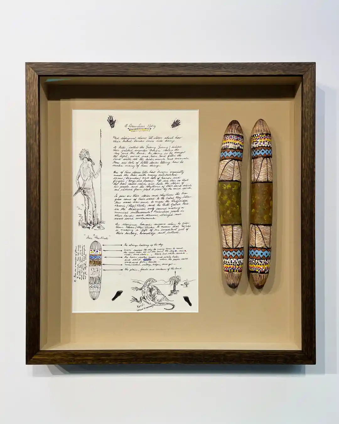 Custom shadow box framing for Aboriginal cultural artefacts with an illustrated story panel, professionally mounted on a fabric background in a handcrafted timber display frame.