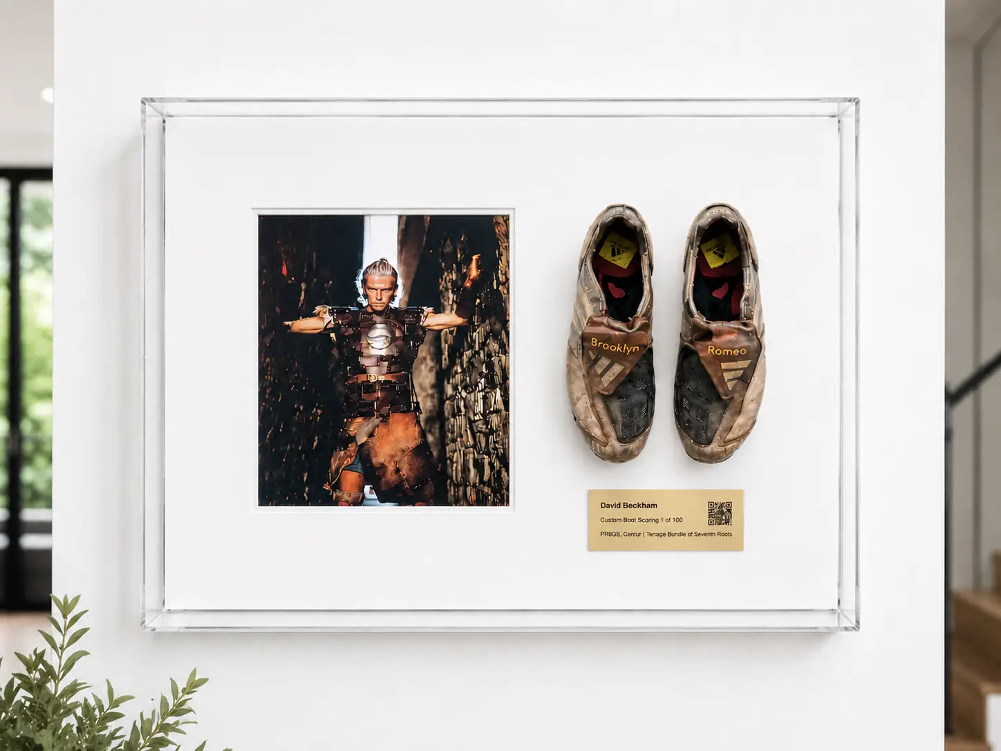 Handcrafted bespoke acrylic box frame displaying David Beckham's football boots, a signed photograph and provenance plaque, professionally mounted to create a museum-quality sports memorabilia display.