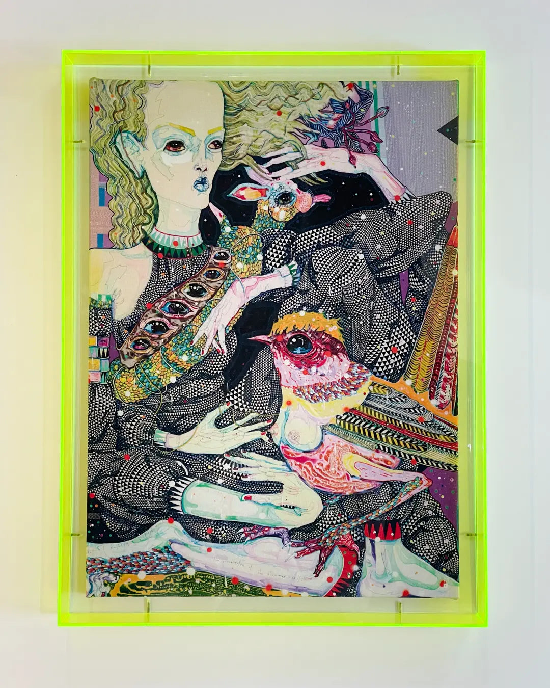 Contemporary artwork by Del Kathryn Barton custom framed in a bespoke fluorescent green acrylic box frame, handcrafted by ACME Framing to create a bold floating gallery presentation.