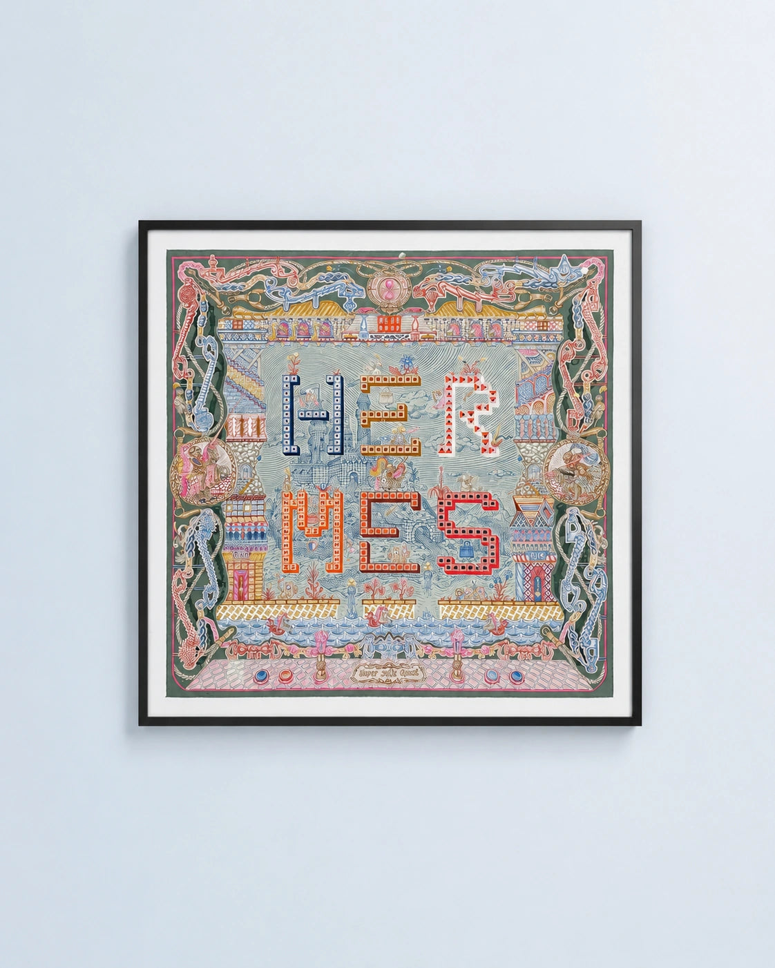 Framed Hermès "Super Silk Quest" silk scarf displayed in a contemporary black gallery frame with a white mount, professionally presented on a light grey gallery wall with soft museum-style lighting that highlights the intricate silk design and bespoke craftsmanship.
