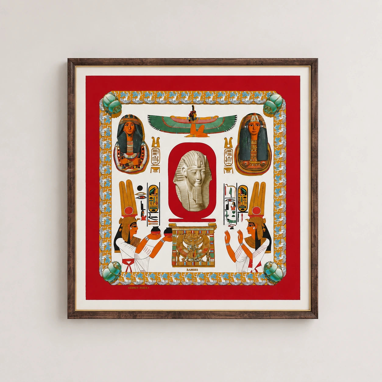 Framed Hermès Egyptian silk scarf featuring Ramses-inspired artwork, professionally custom framed with a walnut timber shadow box frame, conservation matting and museum-quality presentation on a premium white gallery wall.