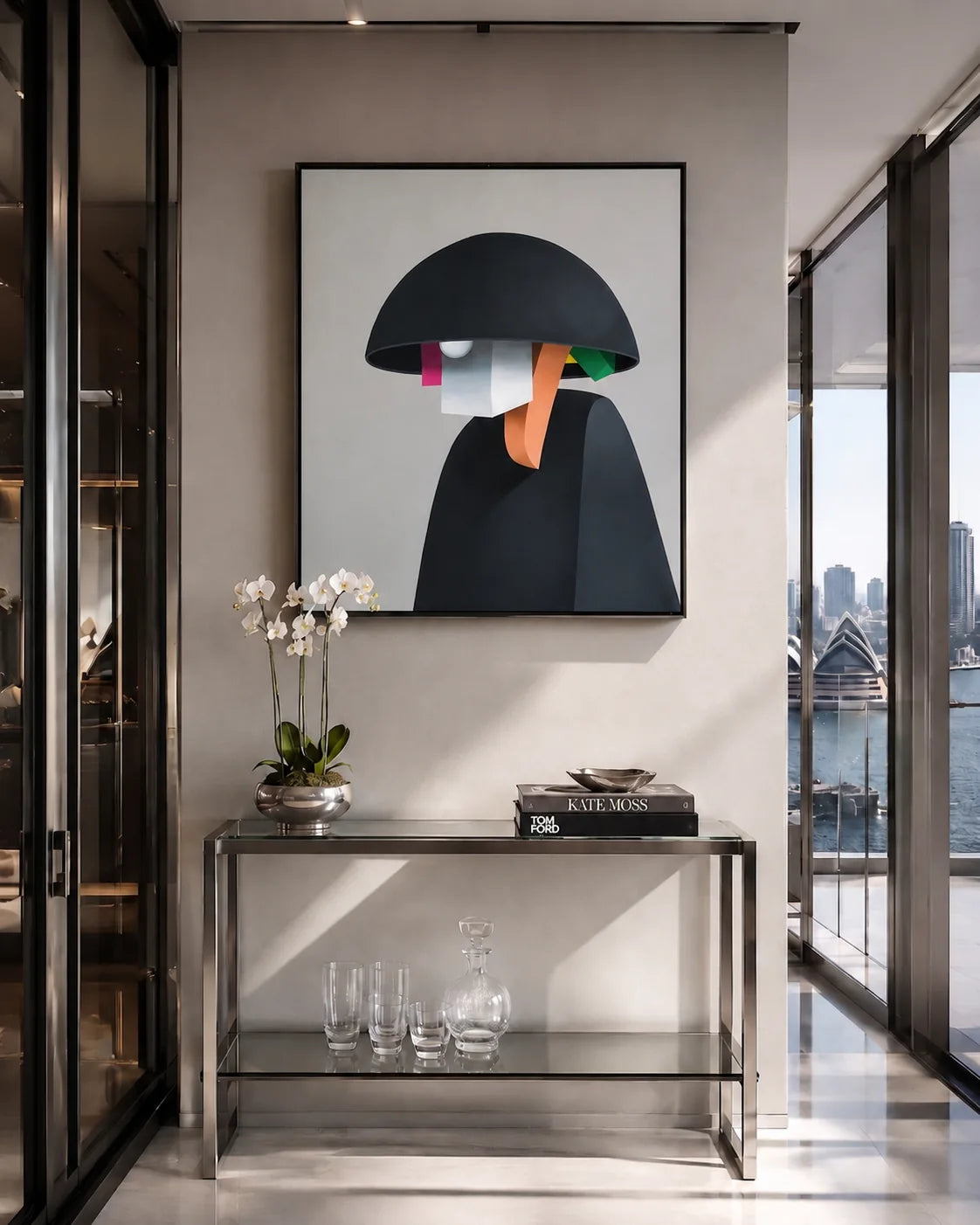 Large contemporary abstract artwork in a slim black frame displayed above a glass console table in a luxury modern interior with floor-to-ceiling windows overlooking Sydney city skyline.