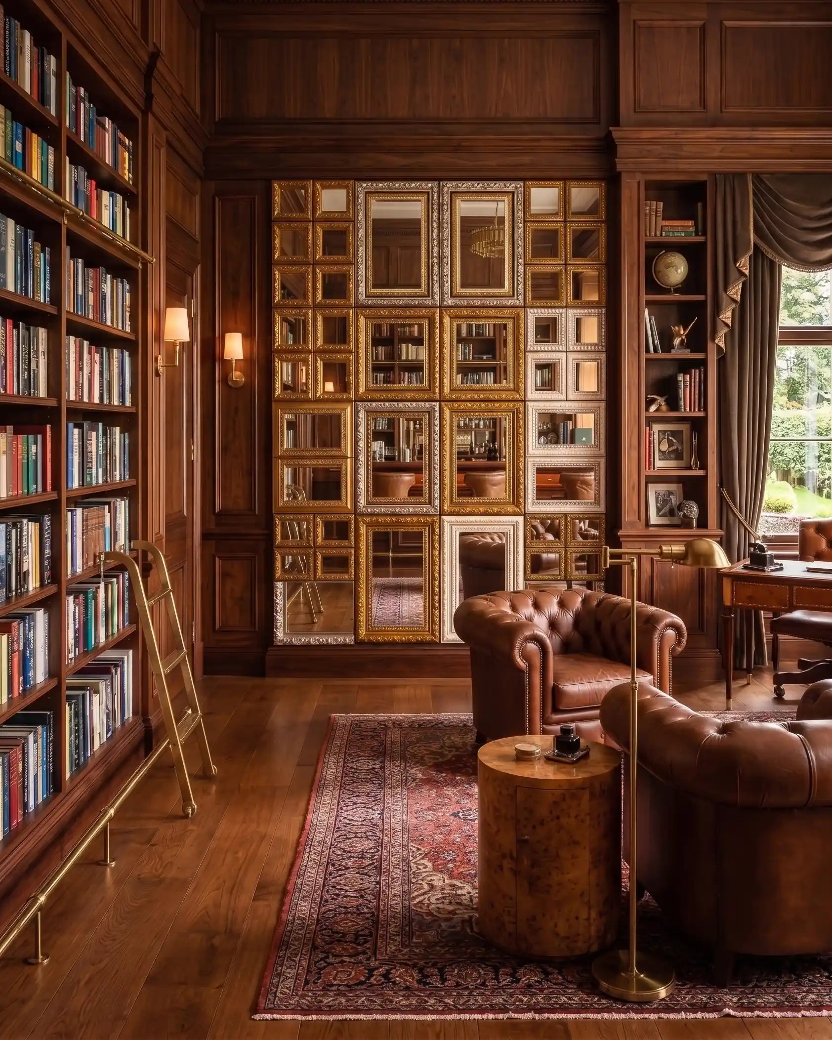 Feature wall of handcrafted ornate antique gold mirrors arranged in a gallery display within a traditional timber library, showcasing bespoke mirror framing, decorative mouldings and classic interior design.