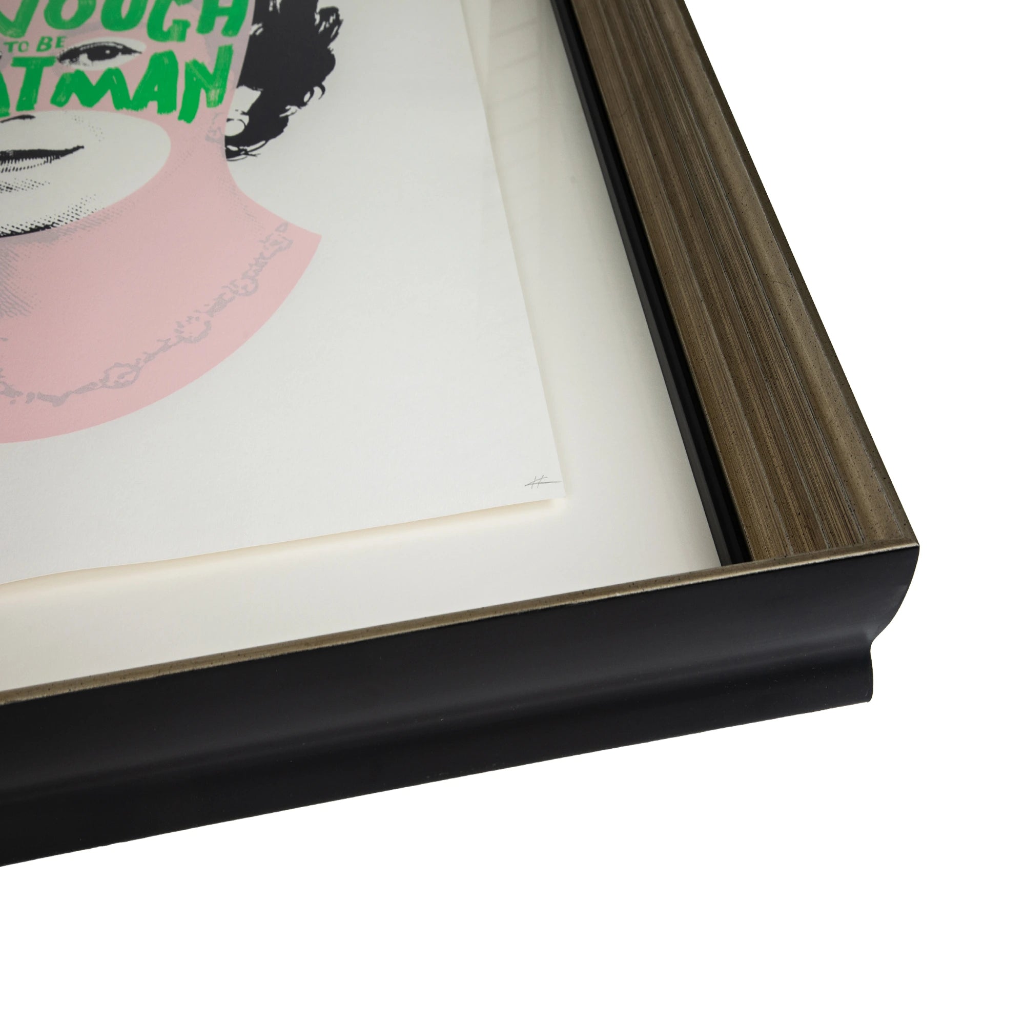 Rich Enough to Be Batman – Black & Green Queen, corner detail showing the Accordion silver frame with black fillet, white mat board and contemporary portrait artwork featuring a queen with vibrant green "Rich Enough to Be Batman" lettering across a soft pink face.