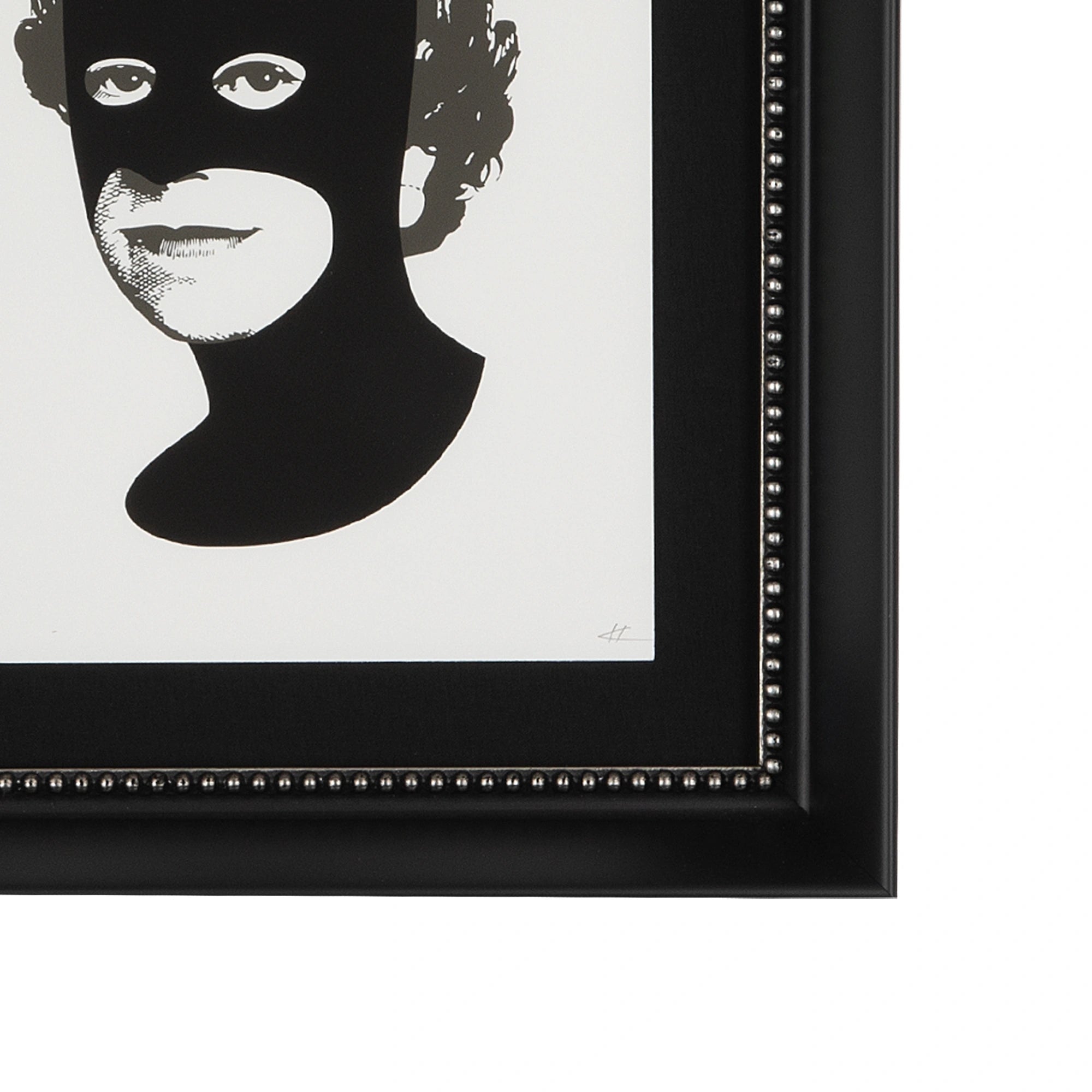 Rich Enough to Be Batman – Black & Grey Queen, corner detail showing the Bellini black frame, black wedge mat, beaded inner slip and contemporary portrait artwork of a queen wearing a black Batman-style mask against a white background.
