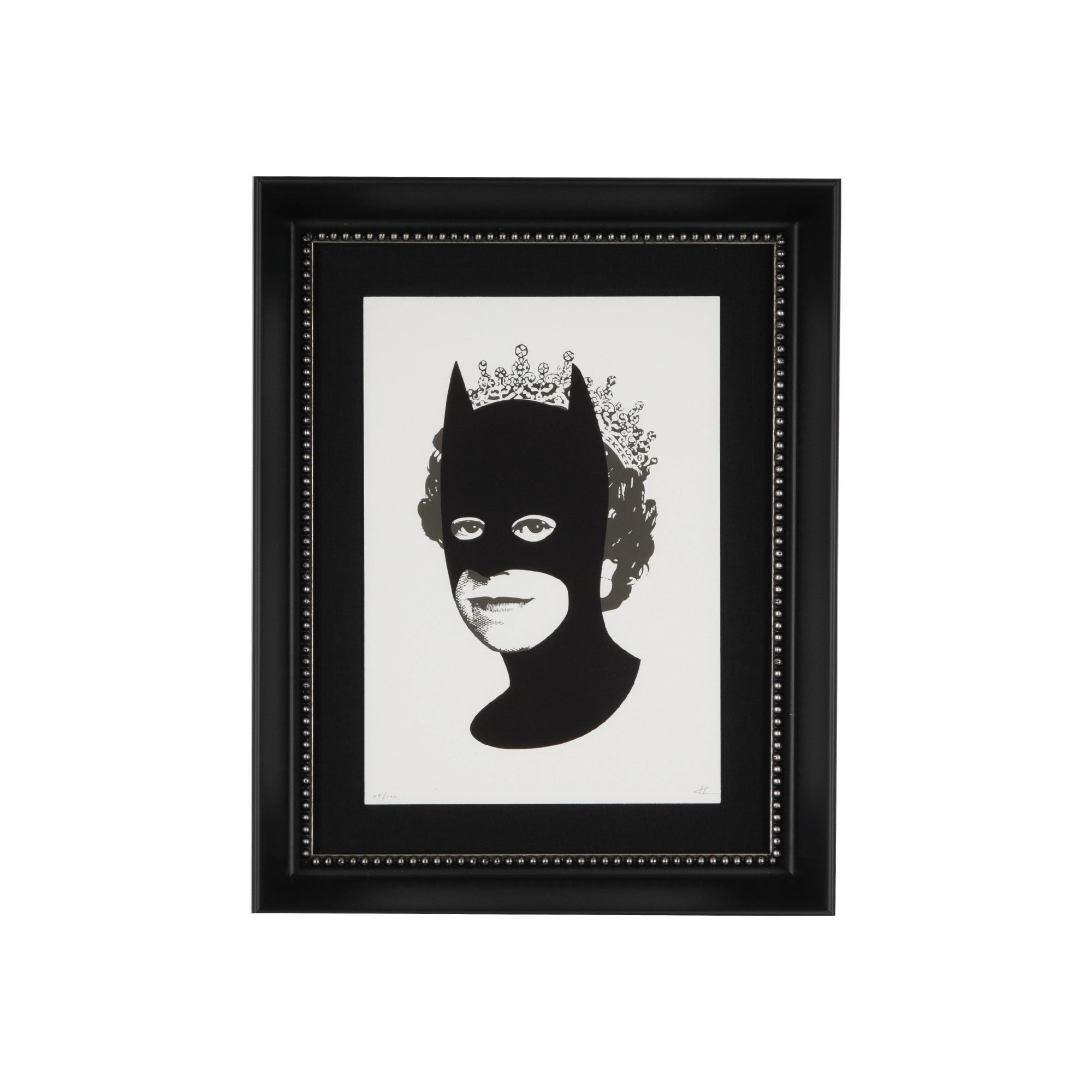 Rich Enough to Be Batman – Black & Grey Queen, a contemporary portrait of a queen wearing a black Batman-style mask with dark grey hair against a white background, presented in a Bellini black frame with a black wedge mat, beaded inner slip and float mount on a black mat