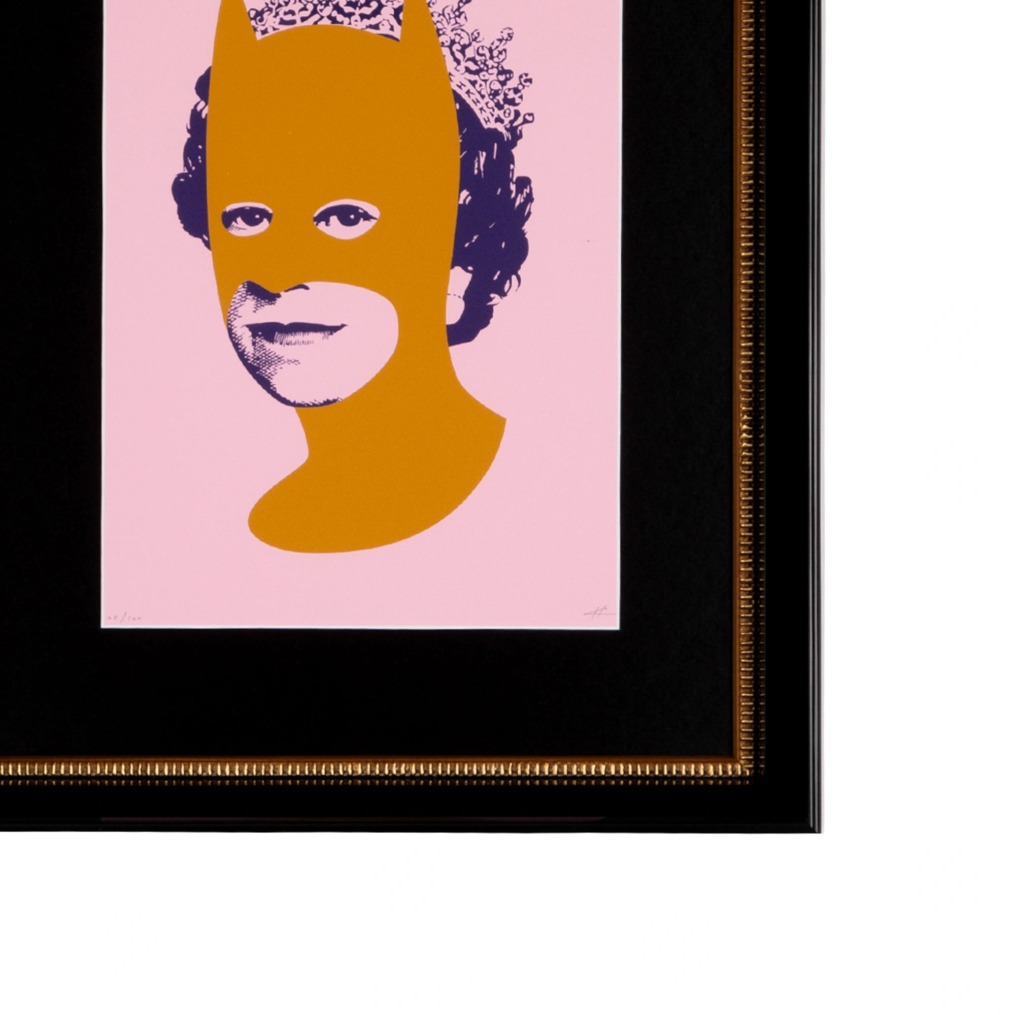 Rich Enough to Be Batman – Pink & Gold Queen, corner detail showing the Bellini black gloss frame, ribbed gold inner, Onyx Black mat board and contemporary portrait artwork of a queen wearing a rich gold Batman-style mask against a soft pink background.