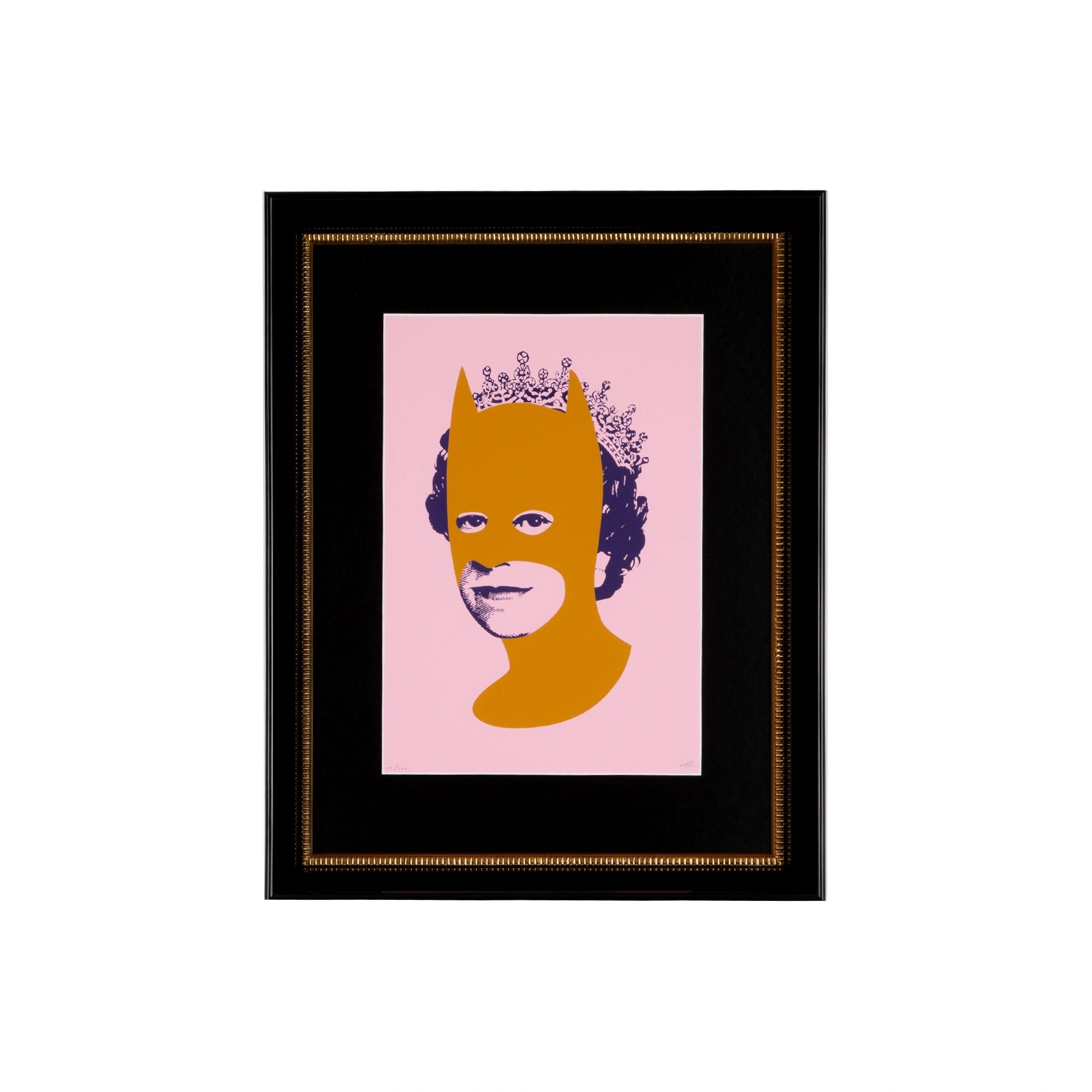 Rich Enough to Be Batman – Pink & Gold Queen, a contemporary portrait of a queen wearing a rich gold Batman-style mask with dark purple hair against a soft pink background, presented in a Bellini black gloss frame with a ribbed gold inner and an Onyx Black mat board.