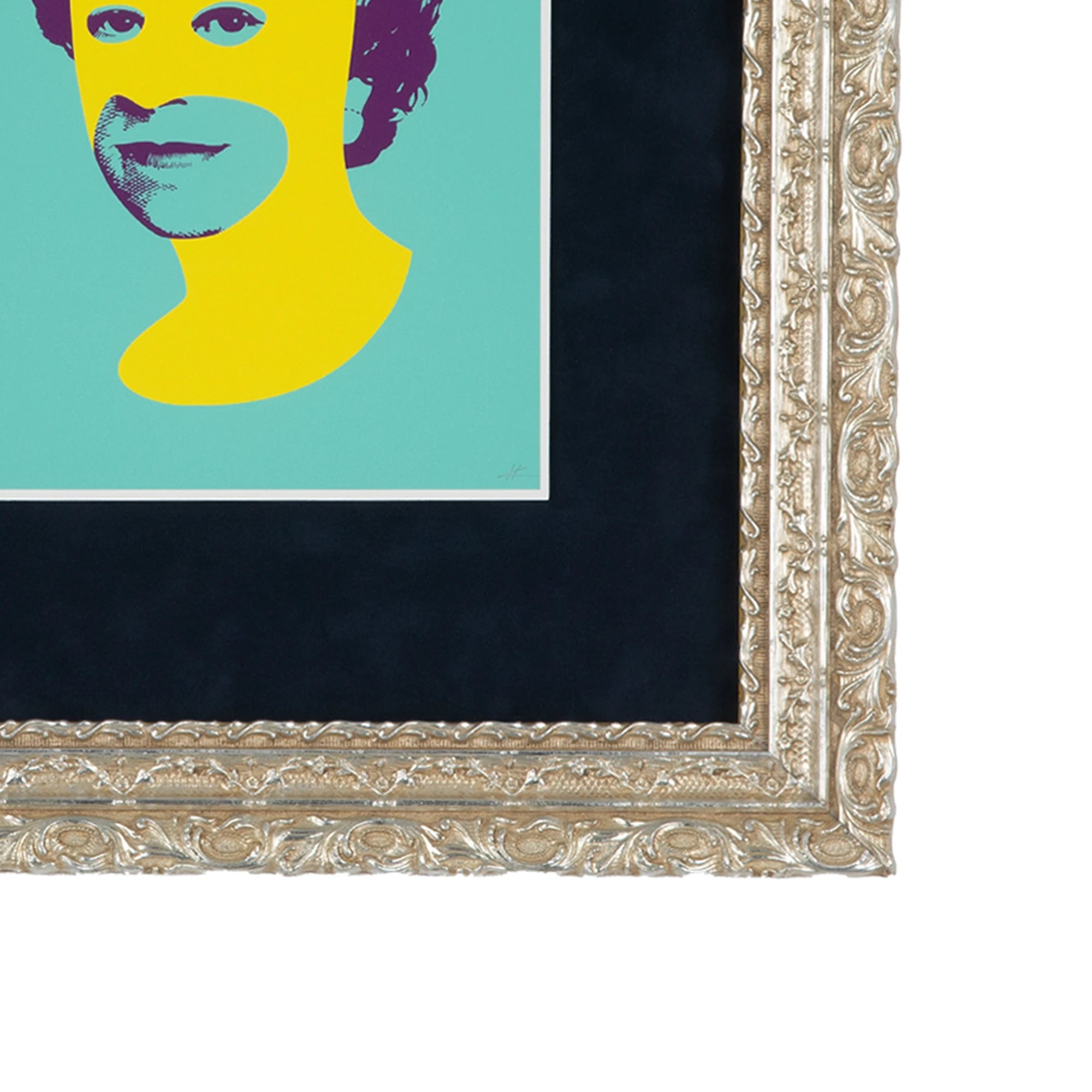 Rich Enough to Be Batman – Teal & Yellow Queen corner detail, showing the ornate antique-style silver gilt frame, deep navy blue velvet mat and contemporary portrait artwork.