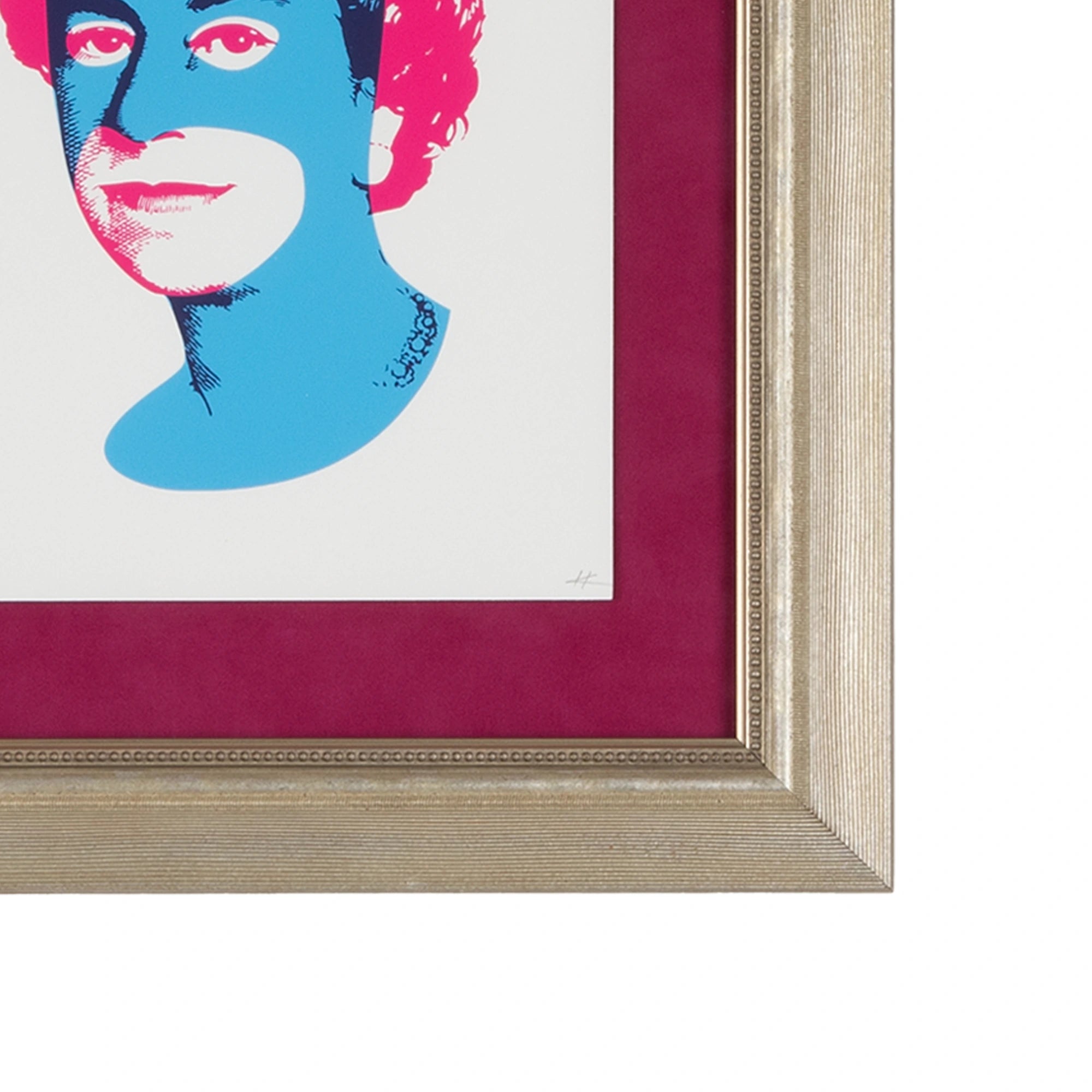 Rich Enough to Be Batman – Blue & Pink Queen corner detail, showing the handcrafted champagne silver frame, deep raspberry velvet mat board and contemporary portrait artwork.