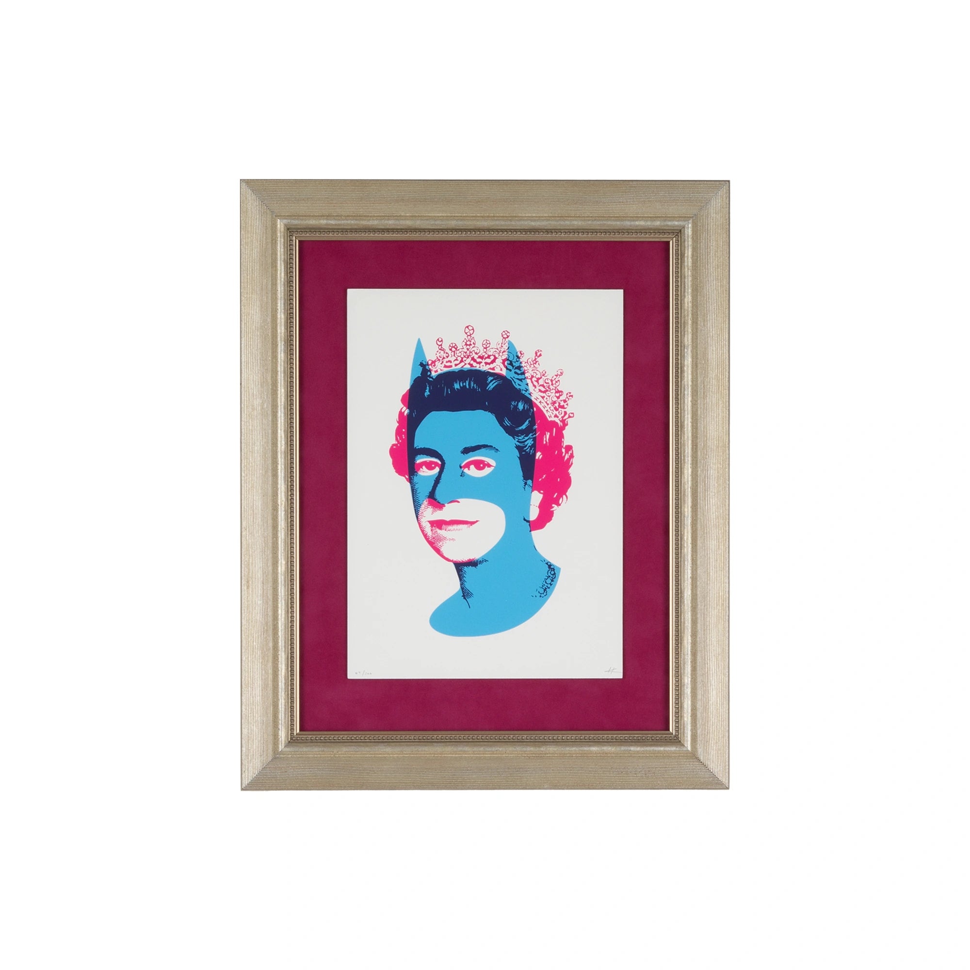 Rich Enough to Be Batman – Blue & Pink Queen, a contemporary portrait of a queen wearing a vivid blue Batman-style mask with vibrant pink hair, presented in a handcrafted champagne silver frame with a deep raspberry velvet mat board.