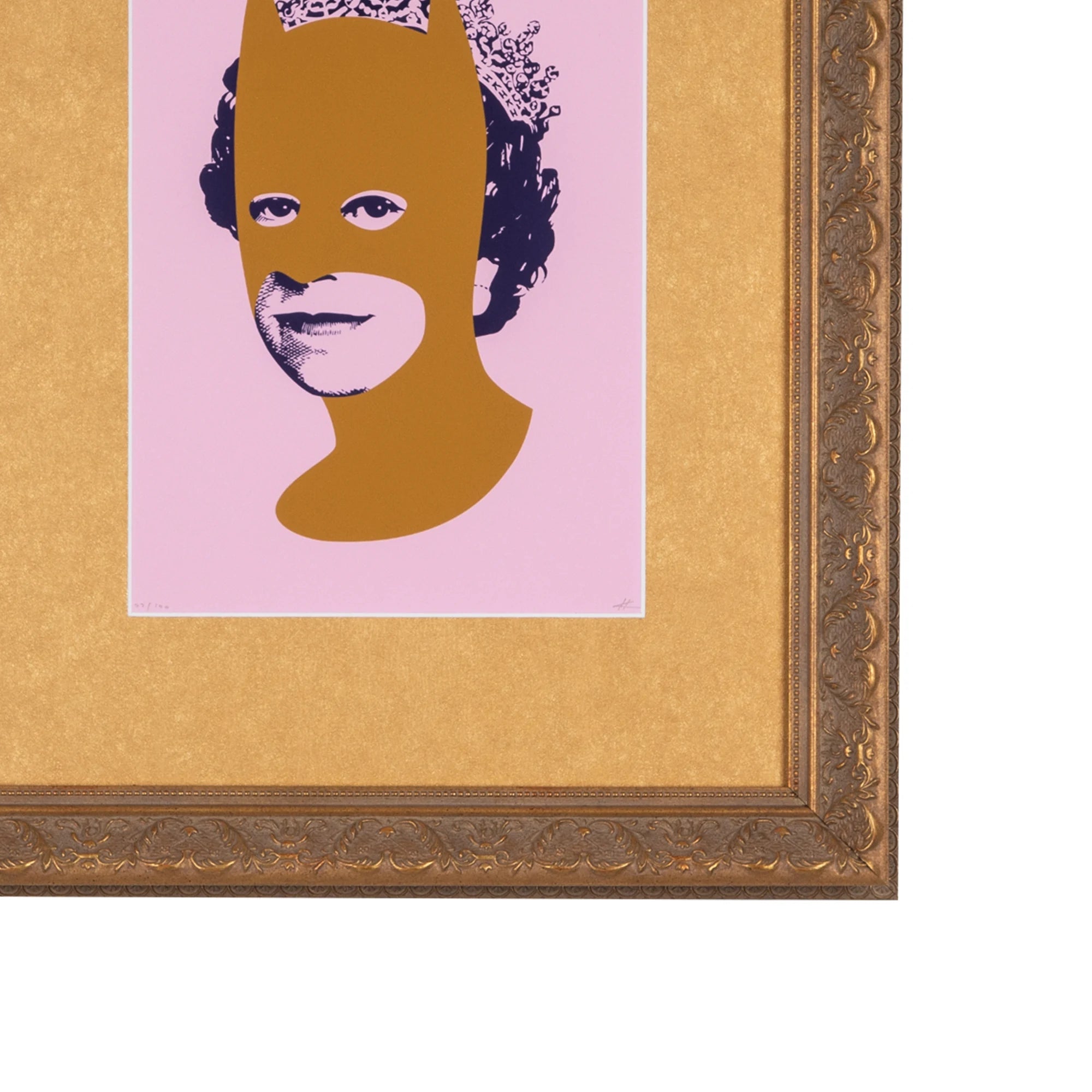 Rich Enough to Be Batman, corner detail showing the ornate antique-style bronze gilt frame, gold suede-style mat board and contemporary portrait artwork of a queen wearing a bronze Batman-style mask against a soft pink background.