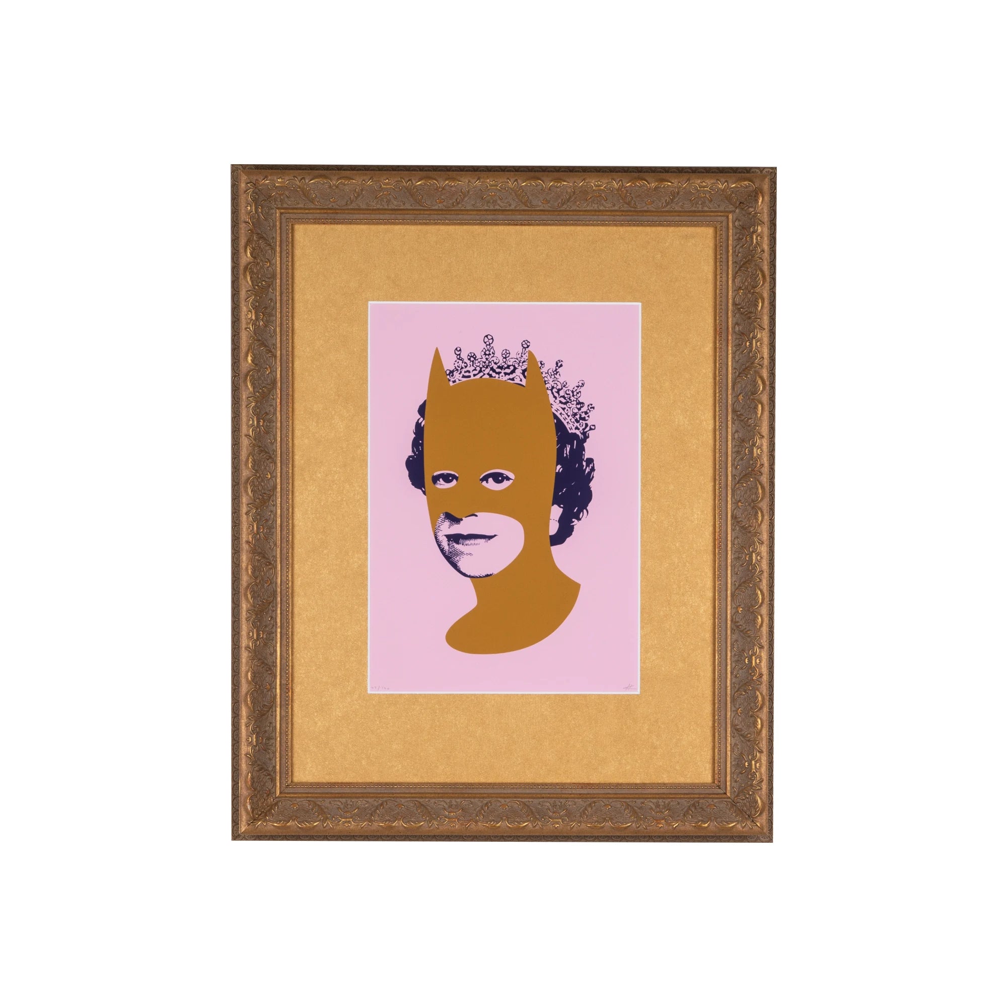 Rich Enough to Be Batman, a contemporary portrait of a queen wearing a bronze Batman-style mask with dark indigo hair against a soft pink background, presented in an ornate antique-style bronze gilt frame with a gold mat board.