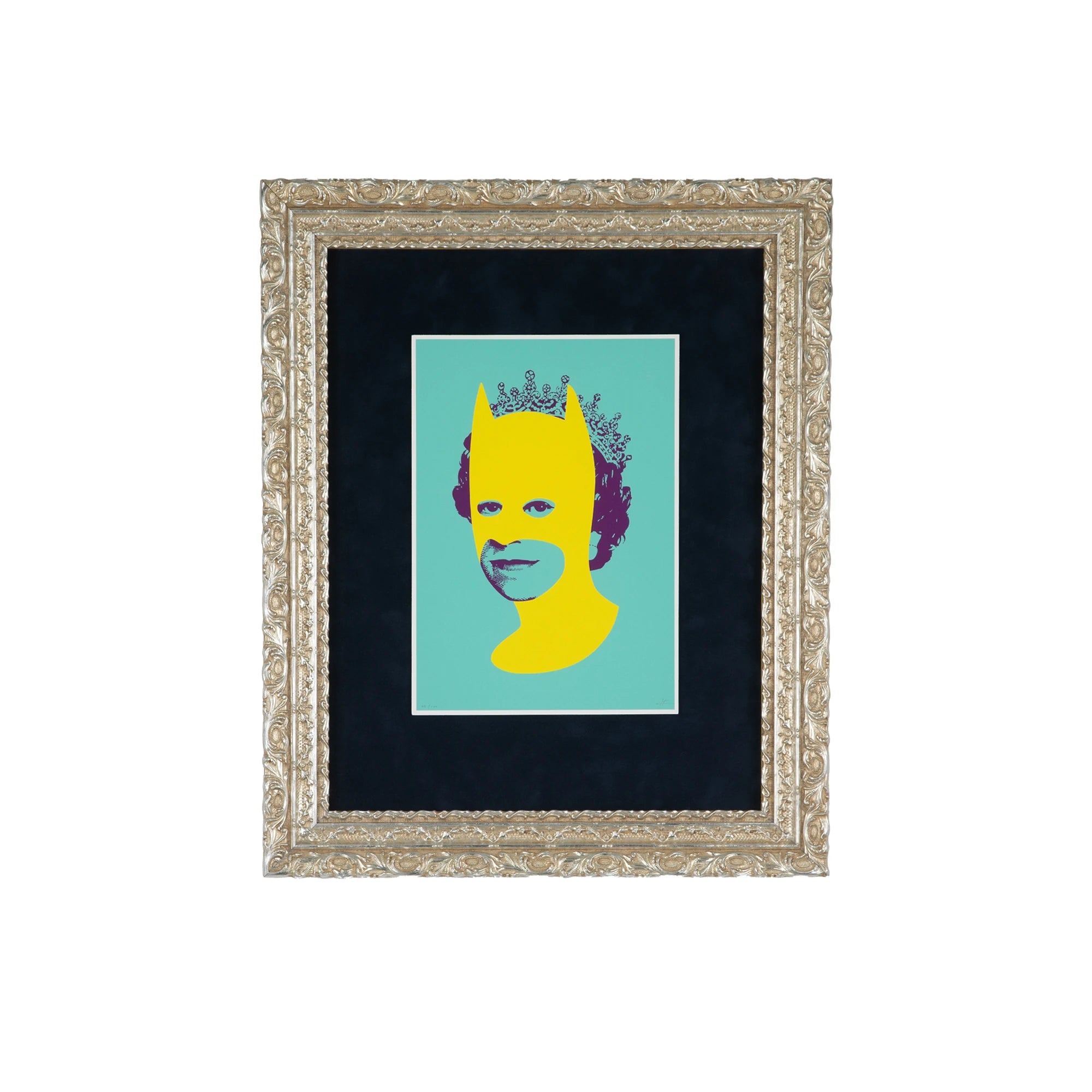 Rich Enough to Be Batman – Teal & Yellow Queen, a contemporary portrait of a queen wearing a yellow Batman-style mask, presented in an ornate antique-style silver gilt frame with a deep navy blue velvet mat.