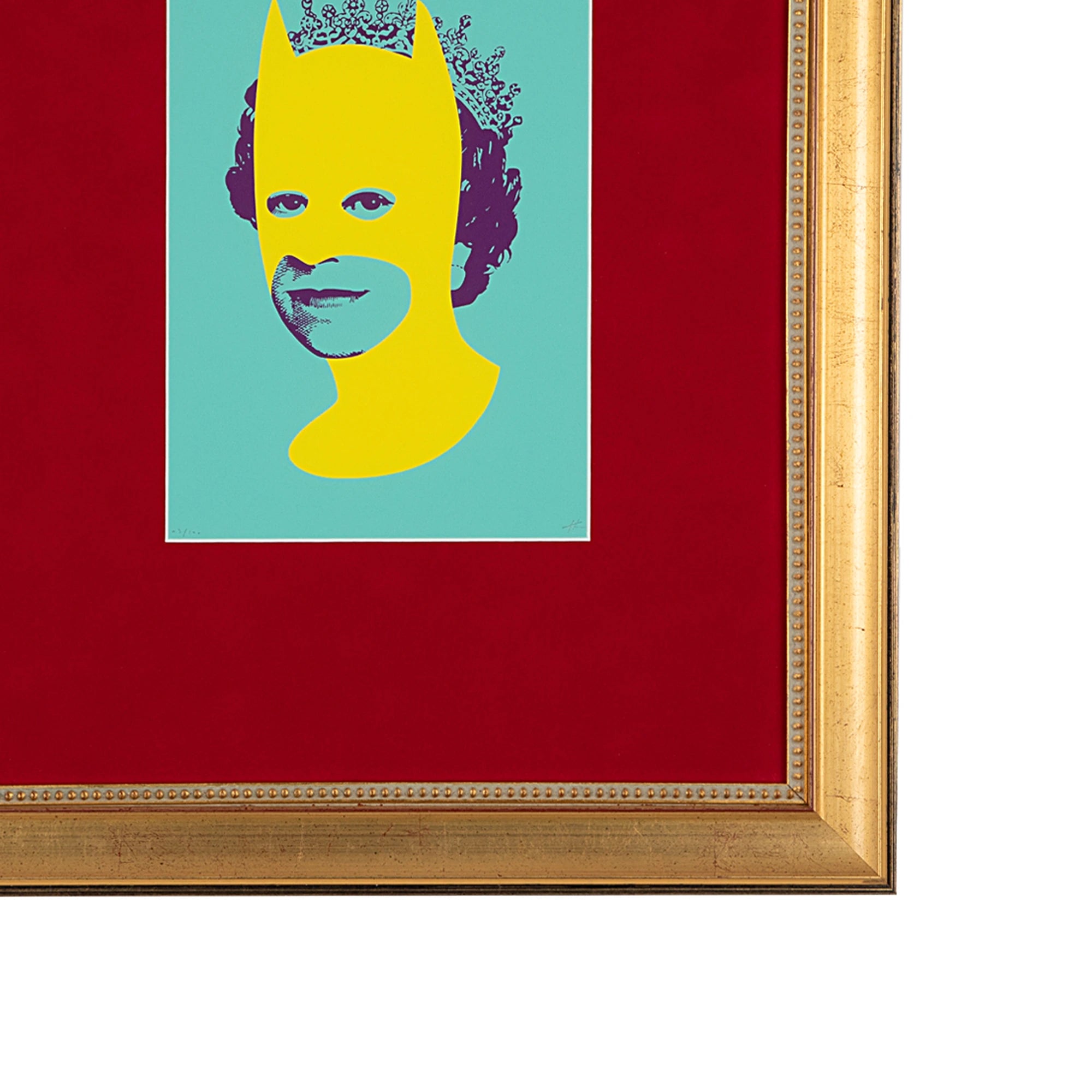Rich Enough to Be Batman – Teal & Yellow Queen, corner detail showing the gold leaf frame, beaded fillet, deep red suede mat board and contemporary portrait artwork of a queen wearing a vivid yellow Batman-style mask against a teal background.