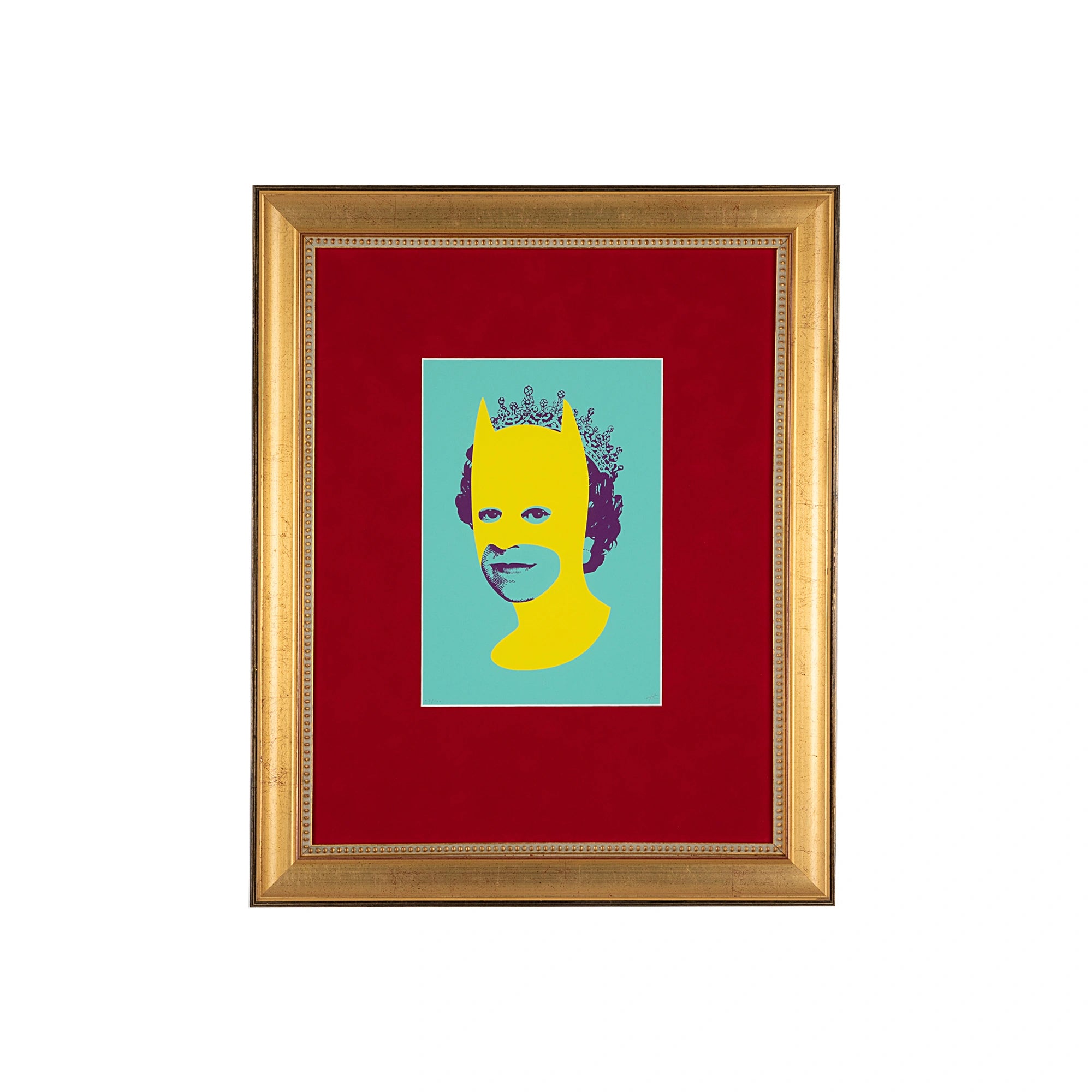 Rich Enough to Be Batman – Teal & Yellow Queen, a contemporary portrait of a queen wearing a vivid yellow Batman-style mask with dark purple hair against a teal background, presented in a traditional gold leaf frame with a beaded fillet and deep red suede mat board.