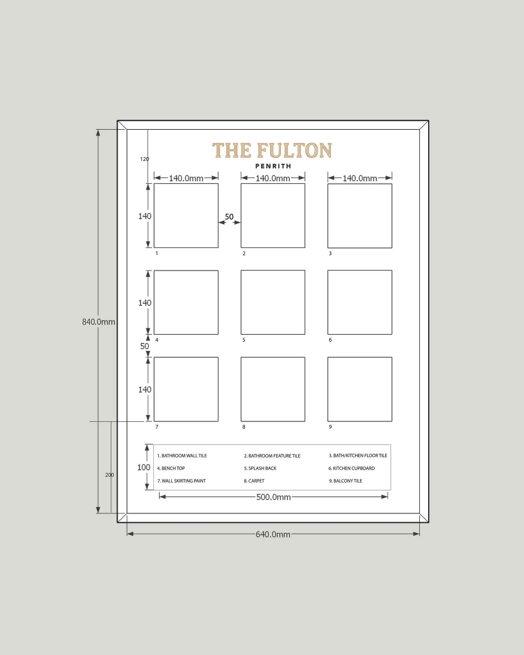 Technical framing layout drawing for The Fulton Penrith architectural materials presentation board, showing overall frame dimensions, aperture sizes and spacing for fabrication of the custom display frame.