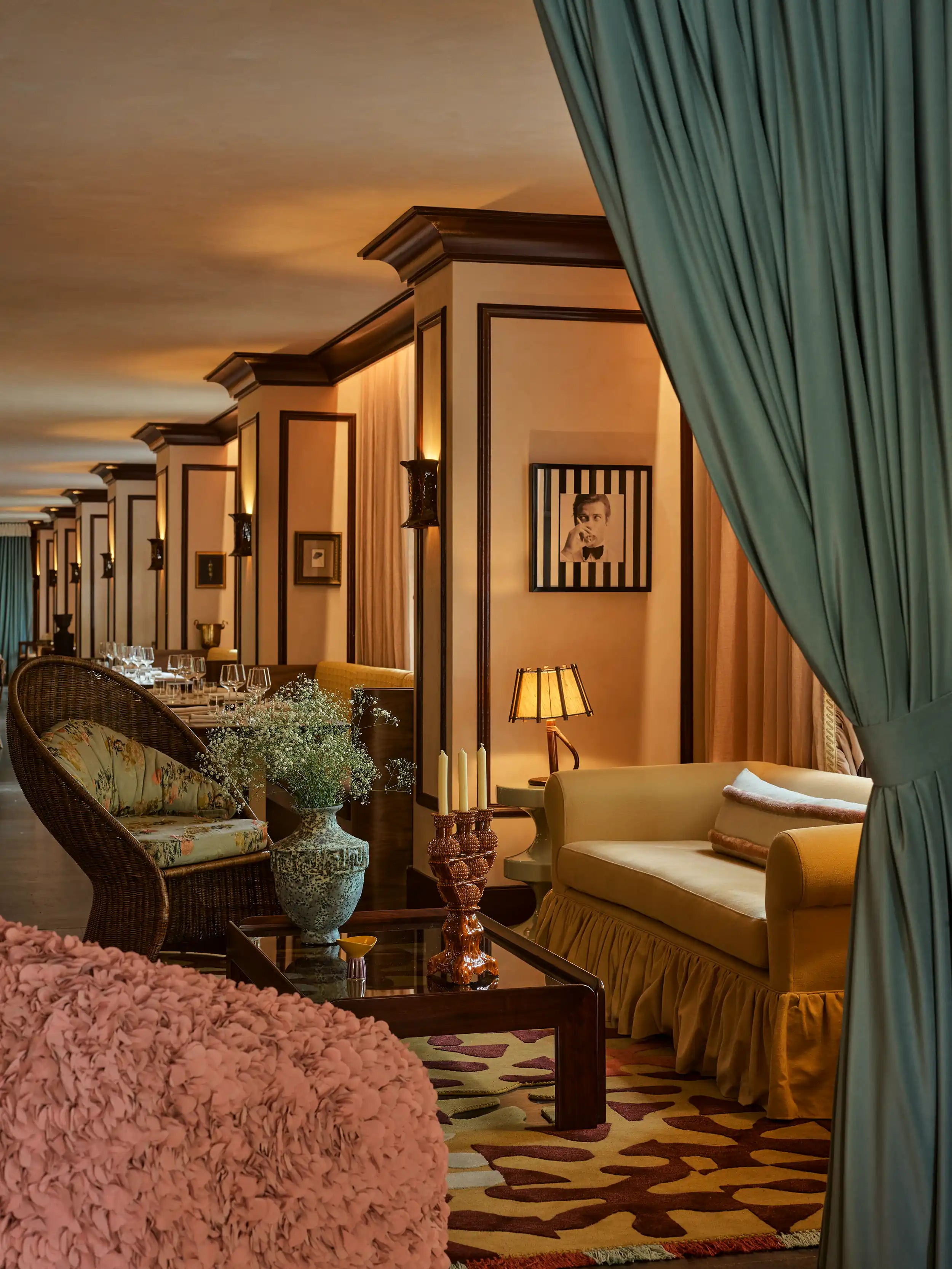 Interior of The James featuring bespoke artworks professionally custom framed by ACME Framing, complementing the warm, contemporary hospitality space with handcrafted timber frames and refined interior styling.