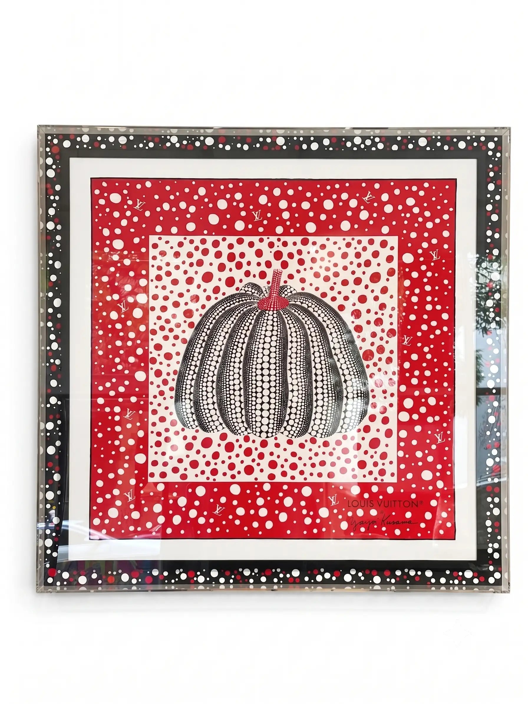 Louis Vuitton × Yayoi Kusama silk scarf displayed in a bespoke acrylic box frame with a hand-painted black, white and red polka dot frame, handcrafted.