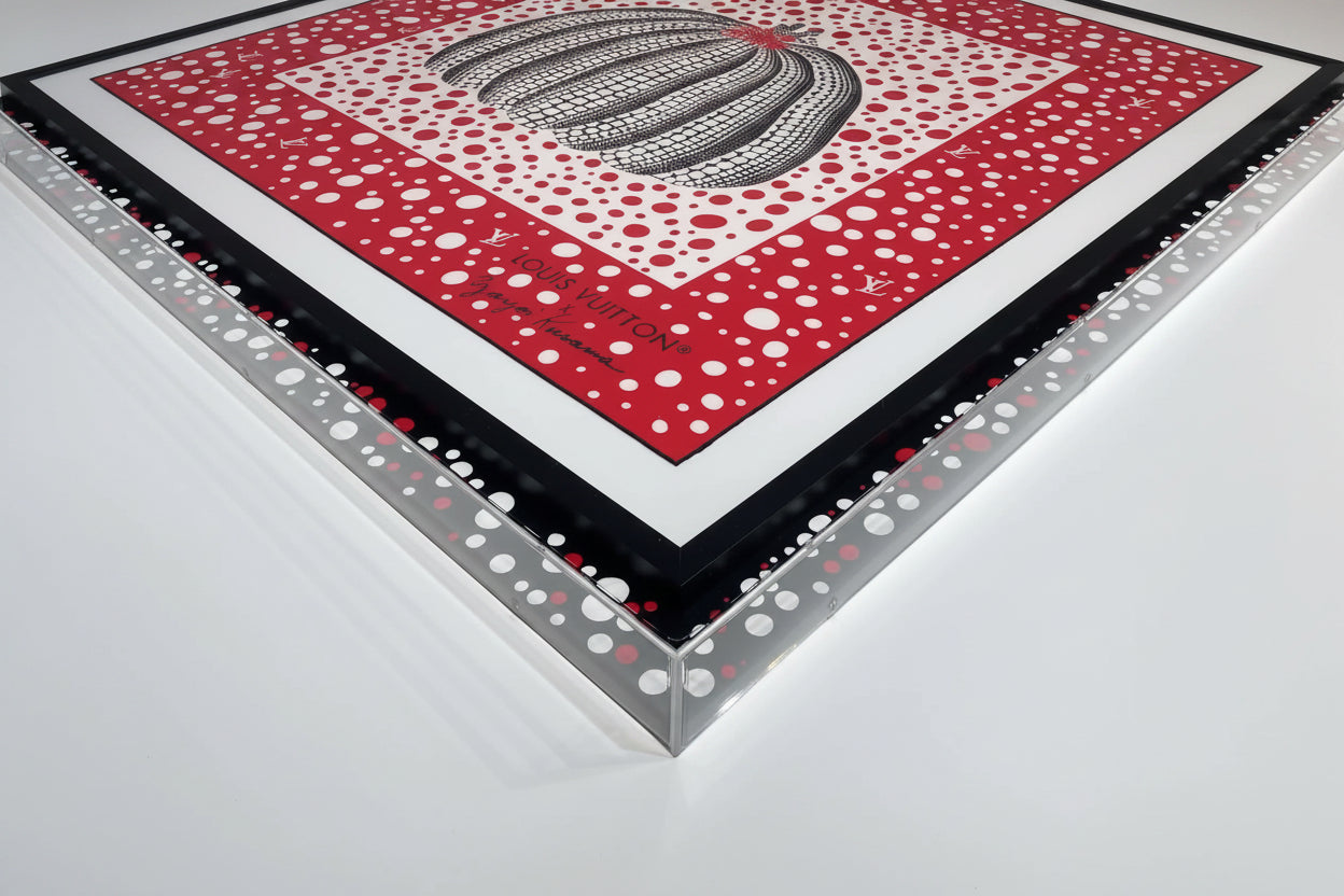 Close-up detail of a Yayoi Kusama Louis Vuitton designer silk scarf custom framed in a bespoke acrylic box frame with a hand-finished polka dot mount.