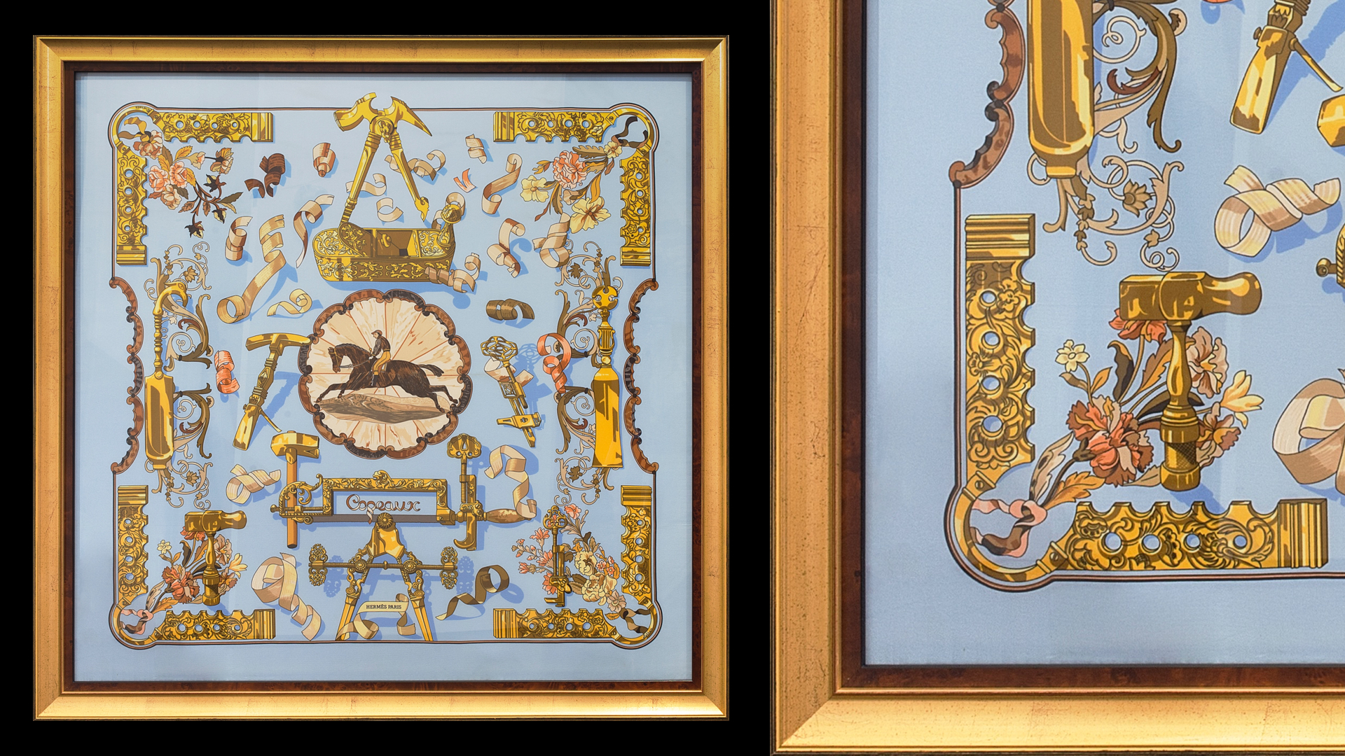 custom-framed-hermes-silk-scarf-gold-leaf - Acme Framing